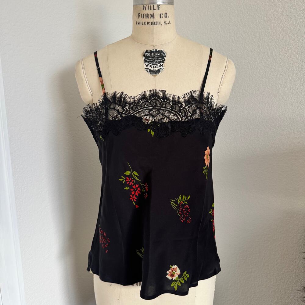 Gold Hawk | NWOT 100% Silk Black Floral Tank Top with Eyelash Lace size Small